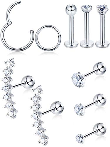 10 Piezas de Pendientes de Cartílago Trago Juego de Piercing de Labret Pernos de Barra con Pesas Anilla de Oreja de Acero Incrustado CZ para Trago Labio Nariz de Cuerpo, 10 Tipos (Color de Acero) 10 Piezas de Pendientes de Cartílago Trago Juego de Piercing de Labret Pernos de Barra con Pesas Anilla de Oreja de Acero Incrustado CZ para Trago Labio Nariz de Cuerpo, 10 Tipos (Color de Acero)