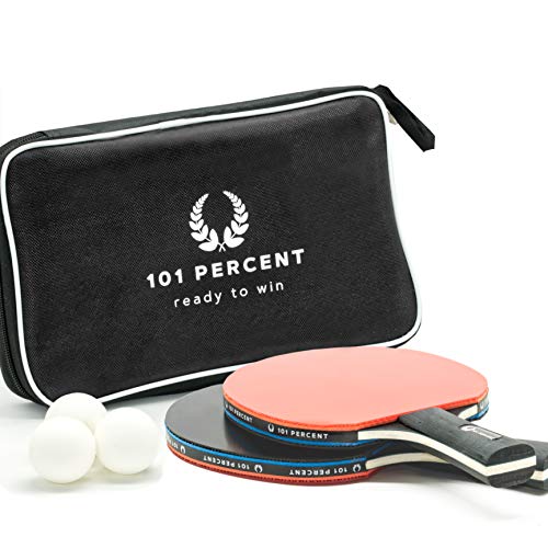 101 percent Juego de 2 raquetas de ping pong de alta calidad con agarre profesional + 3 pelotas. 2 años de garantía de satisfacción. Perfecto para principiantes en el tenis de mesa. 101 percent Juego de 2 raquetas de ping pong de alta calidad con agarre profesional + 3 pelotas. 2 años de garantía de satisfacción. Perfecto para principiantes en el tenis de mesa.