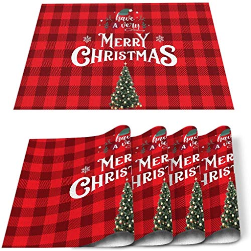 12 x 18 Inches Set of 4 Cotton and Linen Place Mat, White Have A Merry Christmas Tree Stain Resistant Non-Slip Table Mats for Kitchen Red Black Checkered
