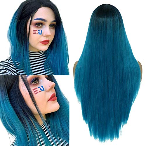 24inch Ombre Blue Long Wig Silky Straight Wigs for Women Wig with Natural Hairline Synthetic Party Wig Middle Part