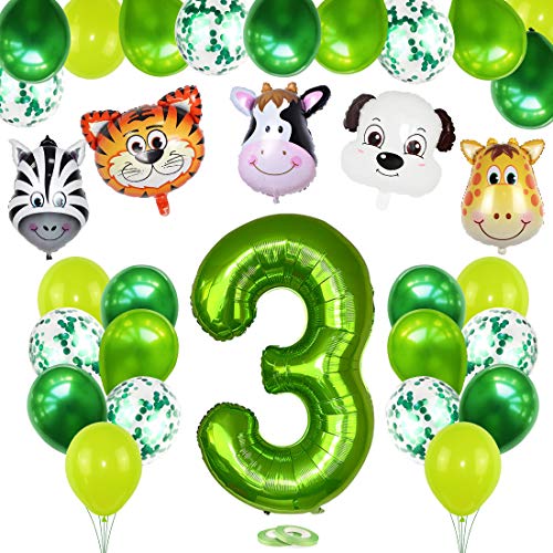 3 Años Selva Fiesta de Cumpleaños Decoracion, 3 Años Cumpleaños Decoración Set con Foil Globo Número 3 Verde y Bosque Animal Globos para Niño Niña 3er Cumpleaños Baby Shower