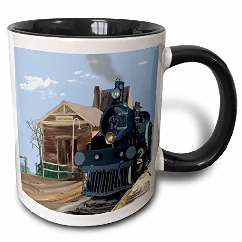 3dRose - Pintura al óleo Digital de un Tren con Locomotora de Vapor en una estación de ferrocarril Vintage. -Taza de Dos Tonos Negro, cerámica, Multicolor, 10,16 x 7,62 x 9,52 cm