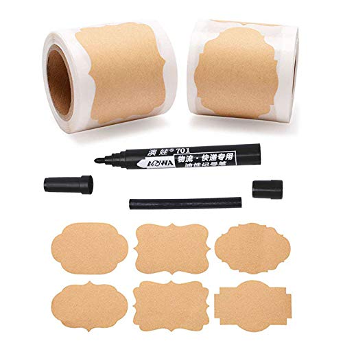 600pcs Etiquetas papel kraft autoadhesivas 2 rollos Etiquetas Adhesiva Regalo Pegatinas con 1 Rotulador DIY Etiquetas adhesivas Kraft blanco Etiquetas sellado embalaje para frascos botella de vidrio