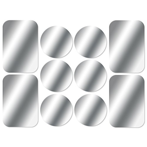 AJOXEL [10 Piezas láminas Metálicas (6 Redondas y 4 rectangulares) con Adhesivos Muy Finas Reemplazo de Placas de Metal para Soporte Movil Coche Magnético/Soporte iman movil Coche - Plata