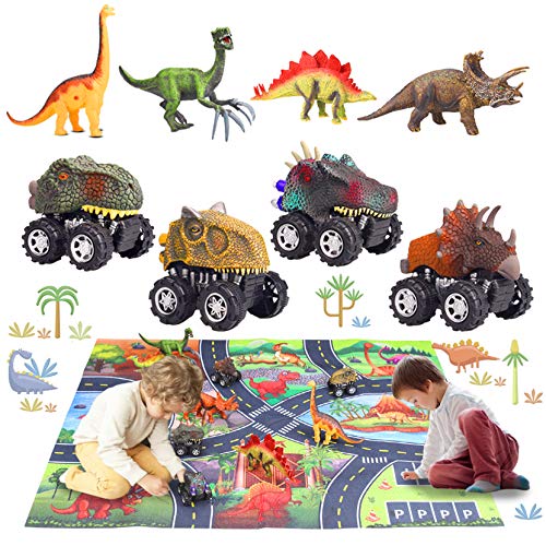 aovowog 9Piezas Dinosaurios Juguetes Niños 2 3 4 5 6 7 8 Años,Juego Educativo de Dinosaurios con Coches de Dinosaurio,Figura de Dinosaurios y Tapete de Juego de Actividades