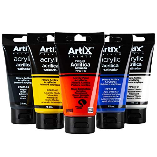 Artix PRO Set Pintura Acrílica para Lienzos y Manualidades 5 Colores, 75ml (Rojo, Azul, Amarillo, Blanco y Negro)