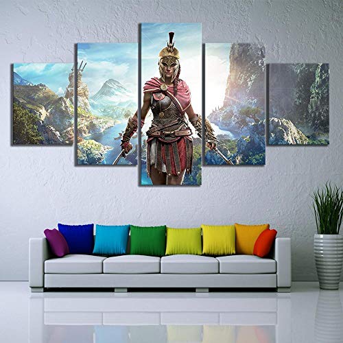 Assassin Creed Odyssey,5 Piezas de Arte Marco Cuadros Decoracion Salon,Moderno HD sobre lienzos impresión Cuadro Usado para Sala Oficina Hogar Decoracion de Pared,(H-80 cm x M/B-150 cm)
