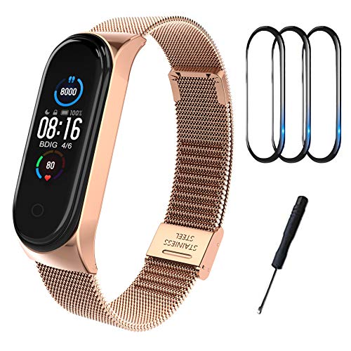 BDIG Correa Compatible para Xiaomi Mi Band 5 Correas Metal + 3 Piezas TPU Protector Pantalla, Pulsera de Acero Inoxidable Agradable para Mi Band 5 Correa (No Host), Oro Rosa