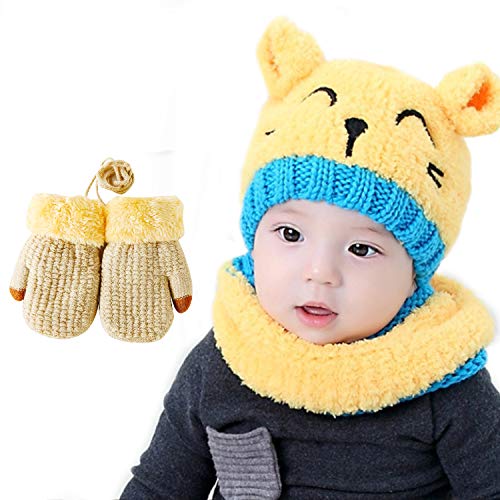 Bearbro Linda Bebé Sombrero y Bufanda Guantes Otoño Invierno Primavera Gorro Bebe Calentito, Unisex Invierno Sombrero Niños Niñas Gorro Conjunto de Bufanda y Guantes de Sombrero Cálido Bebé (Amarillo)