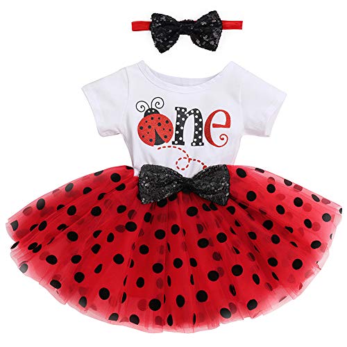 Bebé Niña 1er Cumpleaños Vestido de Princesa Trajes de Manga Corta Vestido de Tutú Lunares con Diadema de Lazo 2 Piezas Conjuntos de Ropa Rojo 1(Mariquita) 1 año