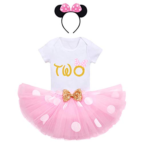 Bebé Niña Mi Segundo cumpleaños 3pcs Conjuntos Vestido de Fiesta de Princesa Manga Corta Mameluco + Lunares Falda + Oído Diadema Ropa Conjunto Rosado #Two 2 años