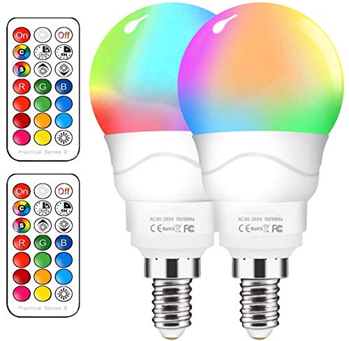 Bombilla LED Colores 6W, 2 Pack E14 Bombillas Colores RGBW con Control Remoto, Función de Temporización y Memoria, 12 RGB Colores, de memoria para casa, fiesta[Clase de eficiencia energética A++]