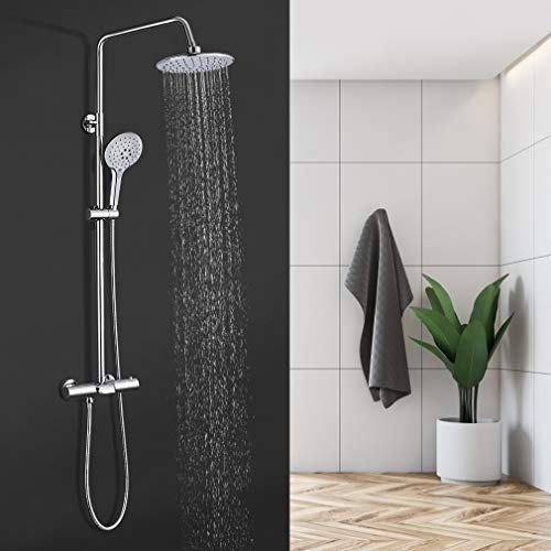 BONADE Columna de Ducha Redondo con Termostato Sistema de Ducha Cromado con Termostato y Grifo de Bañera Barra Ajustable en Altura (87,9 - 139,9 cm) Conjunto de Ducha de Acero Inoxidable