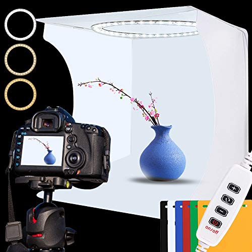 Caja de Luz Estudio Fotográfico, 30x30x30cm Portátil Photo Studio con Regulable Luz Blanca/Luz Suave/Luz Cálida, 88 Piezas LED Brillo Ajustable y 6 Colores de Fondo