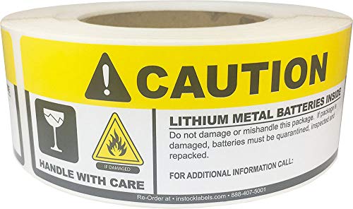 Caution - Lote de 500 pegatinas de litio con cuidado (2 x 5.625 pulgadas)