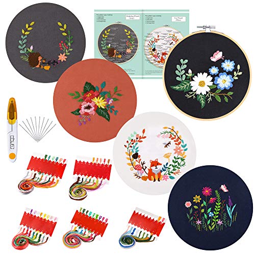 Caydo Kit de 5 juegos de bordado con patrón e instrucciones, kit de punto de cruz incluye 5 ropa de bordado con patrón floral, aro de bordado, hilos de color y herramientas.
