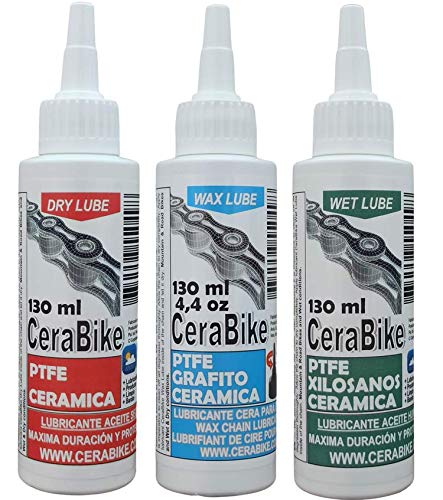 CeraBike PACKLUBE. Pack DE LUBRICANTES para Cadena. WAXLUBE, DRYLUBE Y WETLUBE. (3X130 ML). WWW.CERABIKE.COM