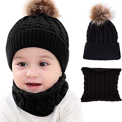 CheChury Conjunto de Bufanda y Gorro de Punto Unisex Niños Niñas Invierno cálido Punto Beanie Gorros con Pompon Bufanda de Punto Cuello Redondo Bebé