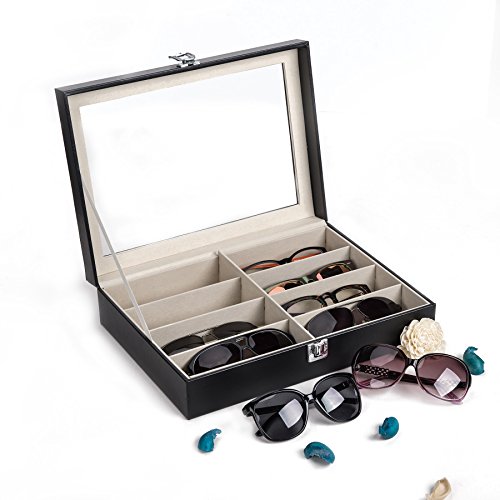 CO-Z Caja de Cuero para Gafas Estuche para Guardar y Exhibir Gafas/Relojes/Joyas/Anteojos Caja de Almacenamiento 8 Compartimentos 33.5 * 24.5 * 8.5cm