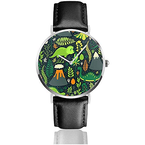 con Diferentes Dinosaurios, Elementos Florales y montañas. Relojes de Pulsera de Cuero de PU Negro Retro para Hombres nuevos