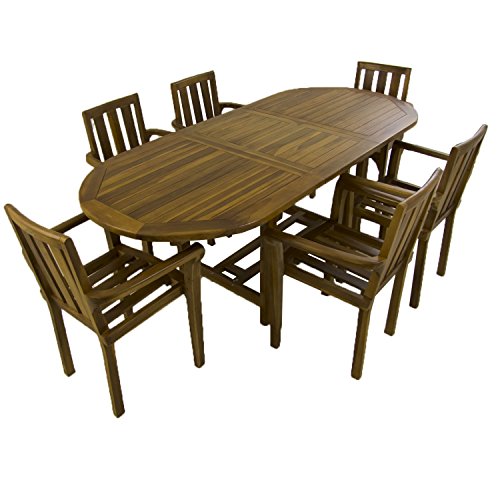 Conjunto de jardín de Madera Teca, Mesa Ovalada Extensible 160/210 cm y 6 sillones apilables, Madera Teca Grado A, Tratamiento al Agua aplicado Conjunto de jardín de Madera Teca, Mesa Ovalada Extensible 160/210 cm y 6 sillones apilables, Madera Teca Grado A, Tratamiento al Agua aplicado