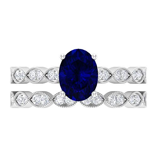 Conjunto único de anillos de novia, piedras preciosas de 2,06 quilates, D-VSSI Moissanite 8x6 azul zafiro creado en laboratorio, 18K Oro blanco, Size:EU 50