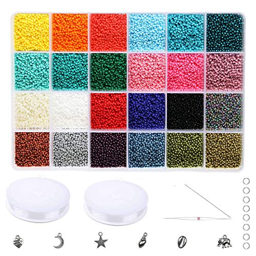 Cuentas de cristal de tamaño 13/0 para manualidades, 1,8 mm, kit surtido con caja organizadora para joyería (24 colores surtidos, en total alrededor de 21600 piezas) Cuentas de cristal de tamaño 13/0 para manualidades, 1,8 mm, kit surtido con caja organizadora para joyería (24 colores surtidos, en total alrededor de 21600 piezas)