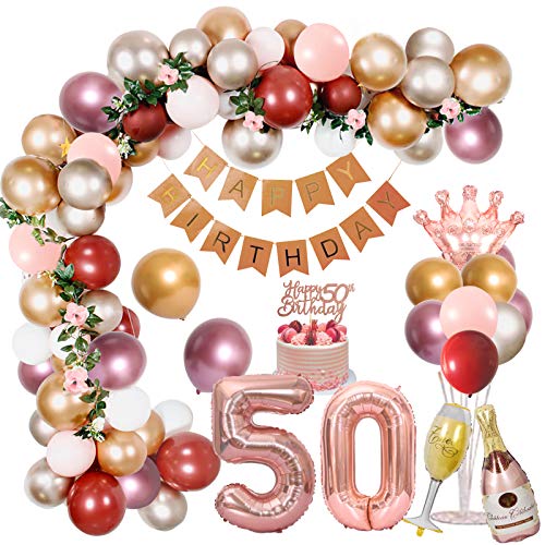 Decoración de 50 cumpleaños para mujer, globos metálicos de color rosa dorado y plateado con pancarta de feliz cumpleaños, globos rojos de granada, globos de papel de aluminio, decoración para tarta