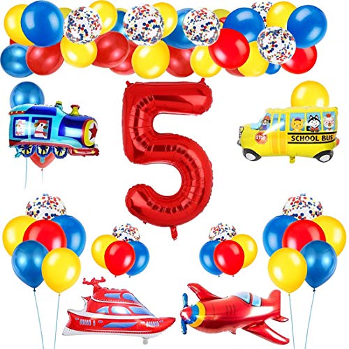 Decoración de globos de cumpleaños de tráfico para niños, globo de número rojo gigante [5], tema de tráfico, decoración de globos de feliz cumpleaños, avión, tren, autobús, yate