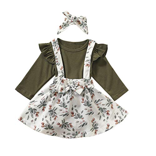 DERCLIVE Juego de 3 piezas de ropa para bebé con volantes + falda con correa floral + diadema, verde militar + blanco