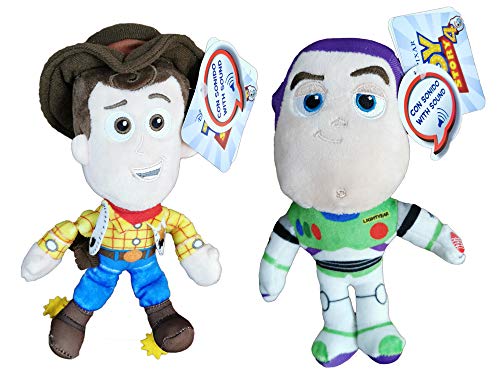 Disney Toy Story - Pack 2 Peluches Sheriff Woody, el Vaquero + Buzz Lightyear con Voz en español al Pulsar su Mano 7'70"/20cm Calidad Super Soft