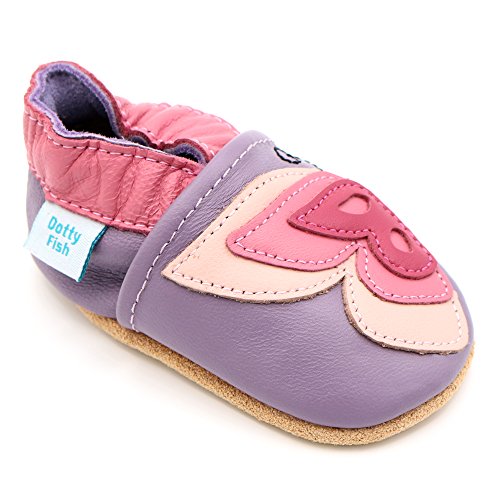 Dotty Fish Zapatos de Cuero Suave para bebés. Antideslizante. Lila y Mariposa Rosa. 4-5 Años (28 EU)