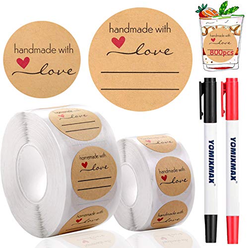 DZSEE 800pz Pegatina Kraft Etiqueta Adhesiva, Etiqueta para Regalo Boda, Adhesivos Redondos para Hornear Kraft,"Handmade with love" Pegatinas Personalizados, Pegatinas de Regalo, Sobres Para Bodas