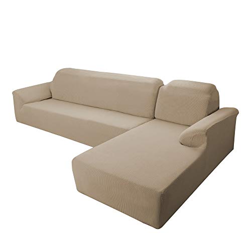 E EBETA Funda Elástica para Sofá Chaise Longue, Funda Cubre Sofá Chaise Longue Jacquard Funda de sofá para Juego de 2 en Forma de L + sofá de Esquina de 2 plazas Derecho (Color Arena)