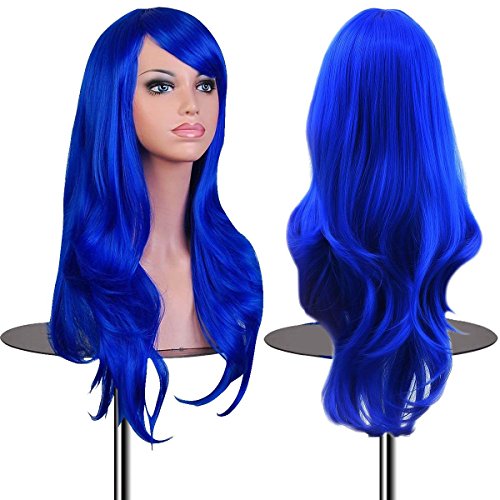 EmaxDesign Peluca de mujer de 70 cm de longitud Melena larga y con volumen, de estilo ondulado y resistente al calor, incluye rejilla para el pelo y peine para peluca(Color: Azul oscuro)