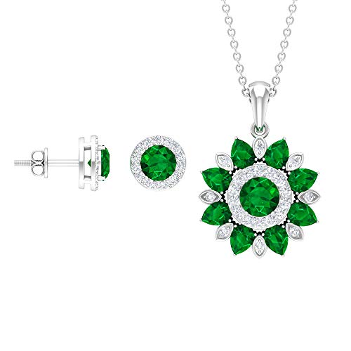 Emerald and Diamond Jewelry 3.54 CT, joyería floral, juego de colgante de oro con pendientes (5 mm redondo, 4 x 3 mm esmeralda en forma de pera) verde