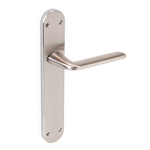 Emuca - Manetas para puertas de interior, juego de manillas para puerta de paso con placa 43x250 mm, Aluminio y zamak, Níquel satinado. Emuca - Manetas para puertas de interior, juego de manillas para puerta de paso con placa 43x250 mm, Aluminio y zamak, Níquel satinado.