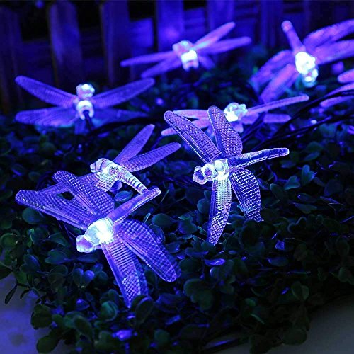 EONANT Libélula Luces, 20FT / 6M 30 Luces Solares de la Secuencia del LED con 2 Luces de los Modos Impermeabilizan para al Aire Libre, Jardín, Decoraciones de la Navidad (Azul)