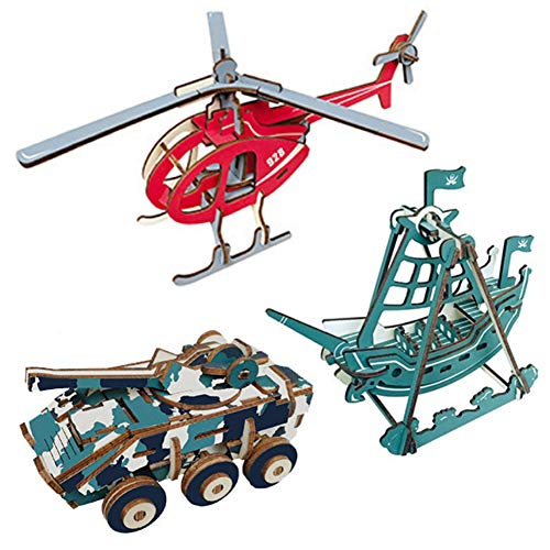 EQLEF 3D Puzzle Madera, Rompecabezas de Madera, Juguetes de Bricolaje, Juego de Regalo, helicóptero, Barco Pirata, Modelo de Tanque, Kit de construcción Woodcraft - 3 Piezas