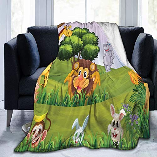 Fluffy Throw Blanket,Animals In The Forest Cartoon Illustration African Safari Jungle Ecosystem Greenery,Ultra-Soft Micro Baby Blanket Bedroom Bed Quilt TV Bed Blanket 80"x60"