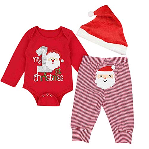Fossen My First Christmas Disfraz Navidad Bebe niño niña Ropa de Conjunto Monos + Pantalones + Sombrero (0-6 Meses, Papa Noel)
