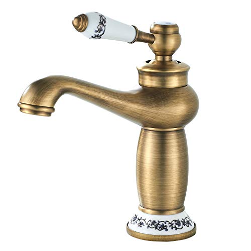 Grifo de Lavabo para Baño de Latón - kisimixer Grifo de Baño Monomando, Vintage Floral de una Sola Manija del Grifo del Mezclador, Agua Fria y Caliente Disponible, Cobre Antiguo