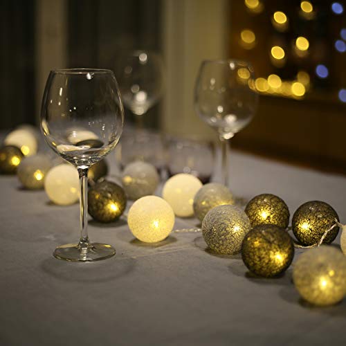 Guirnalda de luces LED para interiores de 3,1 m, 20 unidades, bolas de algodón, luces de pared, luces estrelladas para bodas, fiestas, decoración de Navidad (gris, alimentación por USB)