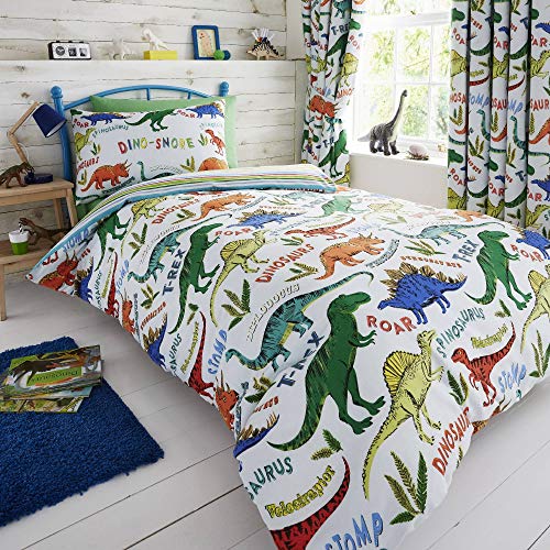 Happy Linen Company Set de Fundas Infantiles para edredón - Reversible - Estampado de Dinosaurios con tiranosaurio Verde - Individual Happy Linen Company Set de Fundas Infantiles para edredón - Reversible - Estampado de Dinosaurios con tiranosaurio Verde - Individual
