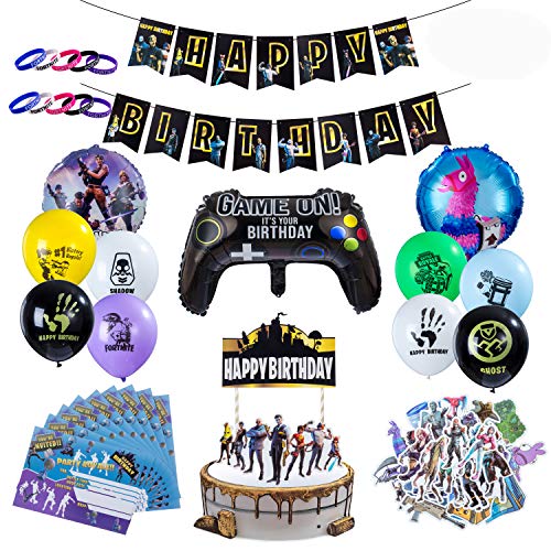 Herefun Artículos de Fiestas para Fanáticos de los Videojuegos, Cumpleaños de Tema de Videojuegos Kit de Suministros para Fiestas, Cumpleaños Decoraciones con Globos Banners, 52 Piezas