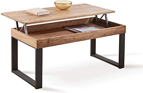 HOGAR24 ES -Odin- Mesa De Centro Elevable Diseño Madera Maciza Natural y Patas Metálicas. Medidas; 100 x 50 x 47cm.