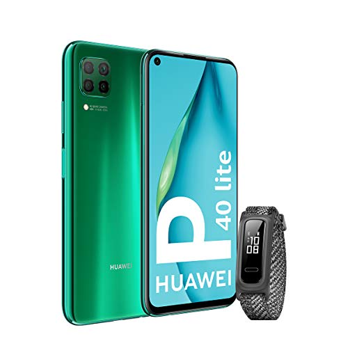 HUAWEI P40 Lite - Smartphone con pantalla de 6.4" FullView (Kirin 810, 6 GB de RAM,128 GB de ROM, 48MP, Cuádruple cámara, Batería de 4200mAh) Verde + Band 4e Gris Sin servicios de Google preinstalados