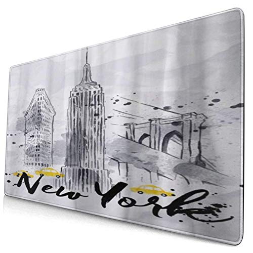 HUAYEXI Alfombrilla Gaming,Acuarela Nueva York Rascacielos Empire State Brooklyn Taxi Bridge en Dibujo Vintage Gotas Salpicaduras,con Base de Goma Antideslizante,750×400×3mm