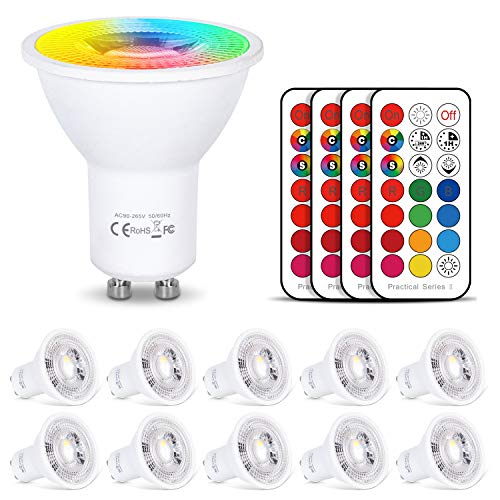 HYDONG Bombilla LED Colores GU10 6W RGB LED Foco Multicolor Bombillas con mando, 12 colores + Calido Blanca, 540lm, AC85-265V, para Aplique, Lámpara de riel, Luz de techo empotrada (Paquete de 10)