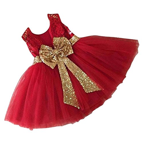 Inlefen Girls Bowknot Lace Princess Skirt Summer Lentejuelas Vestidos para bebés niños pequeños 0-5 años de Edad Rojo 80/0-1 año